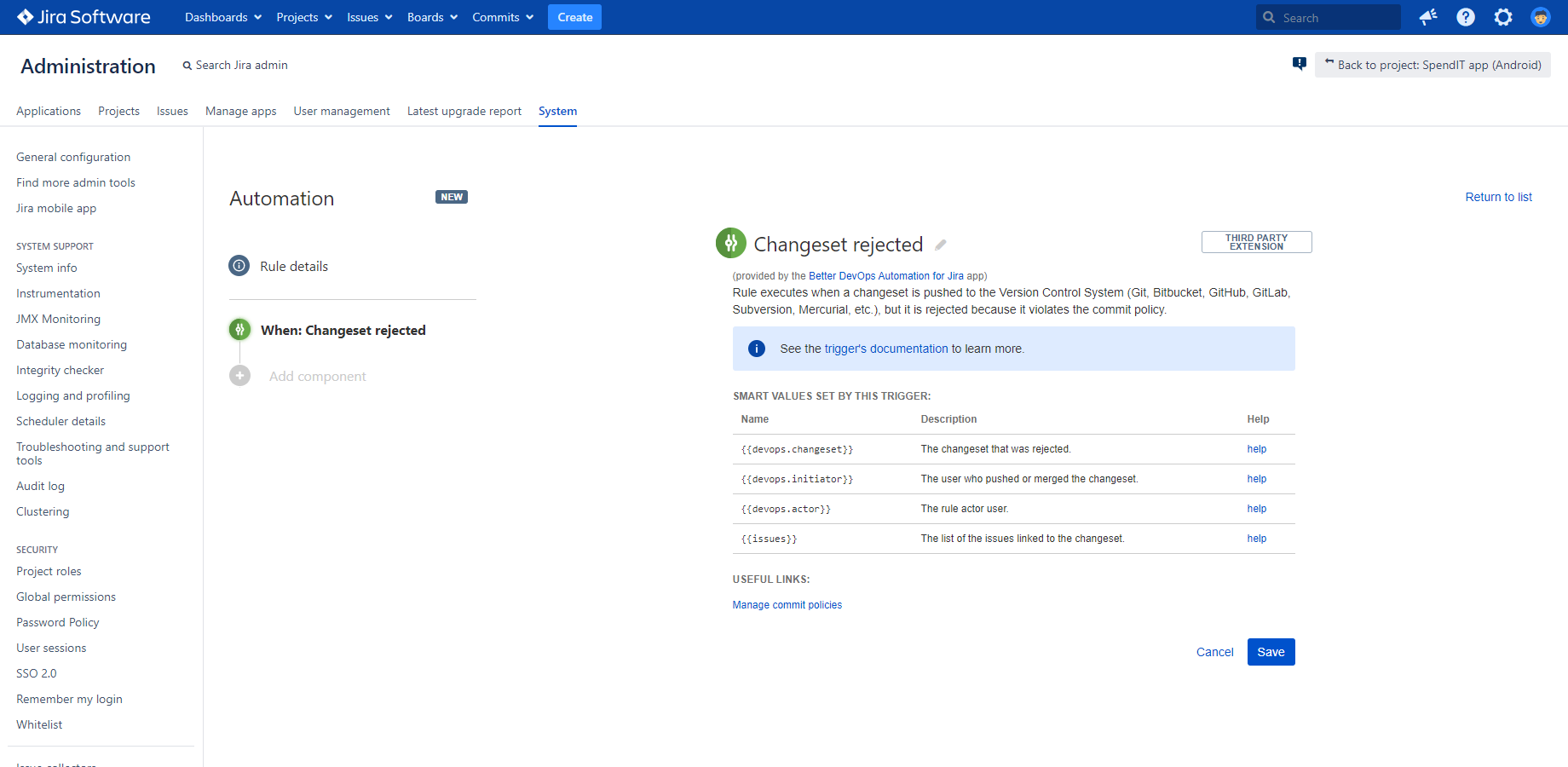 Configuring a changeset rejected trigger for a DevOps Automation for Jira rule