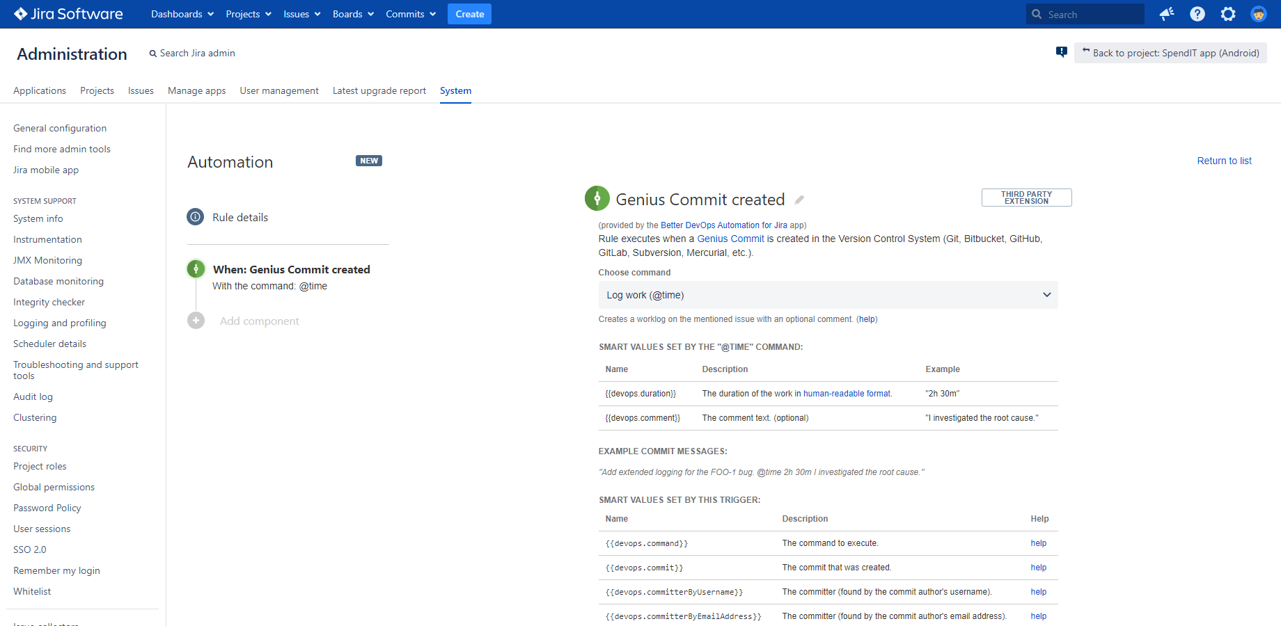 Configuring a Genius Commit Created trigger for a DevOps Automation for Jira rule